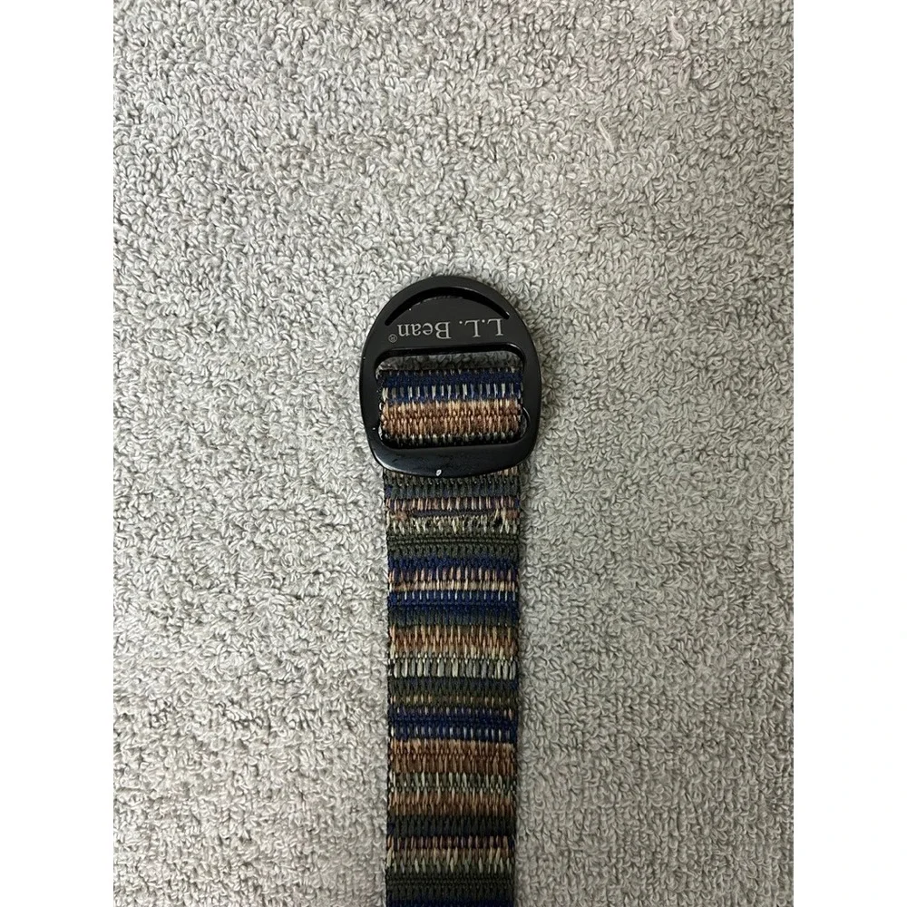 LL Bean Bison Designs Webbing Belt Mens Blue Brown Striped D-Ring Buckle 48 Inch